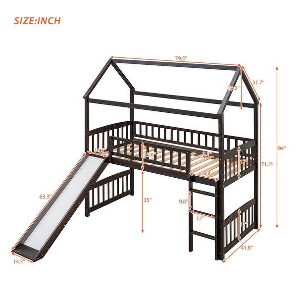 dimension image slide 2 of 3, Cottage Style Twin Size Wood Loft Bed with Slide,Playhouse Design Solid Pine Wood Bed,Maximized Space Saving