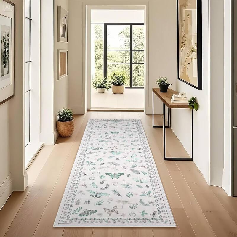 Floral Insect Print Washable Area Rugs for Living Room, Modern Non Slip Low Pile Area Rug - 2'x6' - Beige