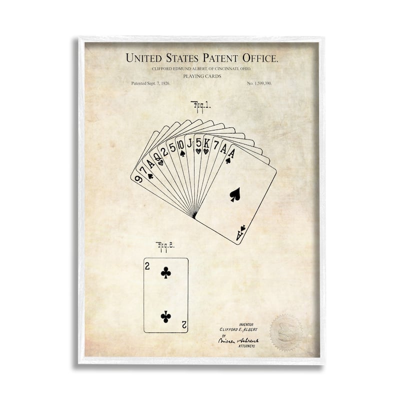 Stupell Vintage Playing Cards Patent Diagram Blueprint Text Framed Wall Art - Beige - 16 x 20 - White