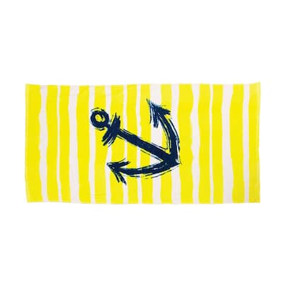 29.5" x 59" Blue Brush Stroke Anchor Yellow Stripe Cotton Beach Towel