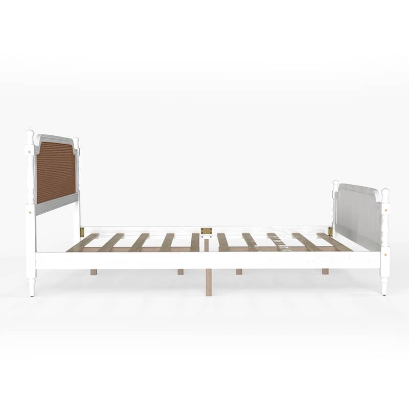 Wooden Platform Bed Bed Frame w/Hand-Woven Rattan Headboard & Footboard, Boho and Mid Century Style Bed Frame, Solid Pine Wood