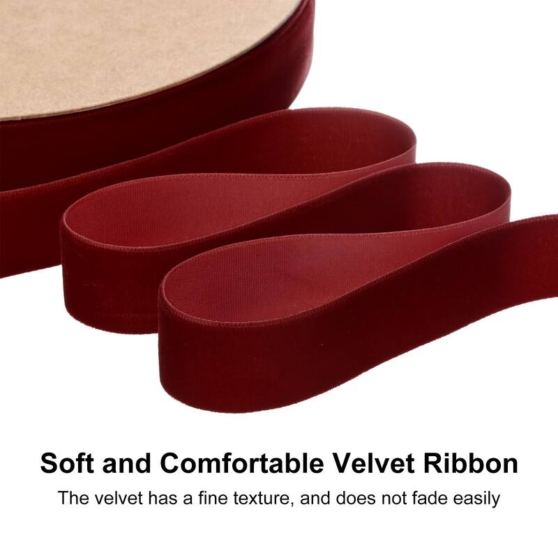 Thin Velvet Ribbon, Single Side Christmas Ribbon - Wine Red - 1"