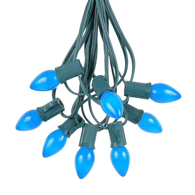 25 Foot C7 Ceramic Christmas Light Set, Hanging String Lights, Green Wire - Blue