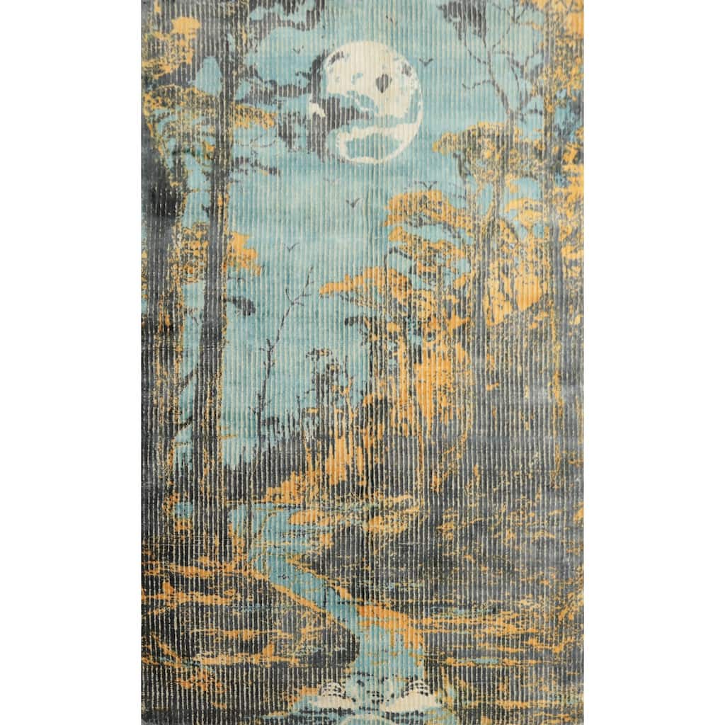 Hand Knotted Oriental Viscose Silk Carpet Modern Animal Pictorial Multi-Colored Abstract Area Rug - 6' 8'' X 4' 7''