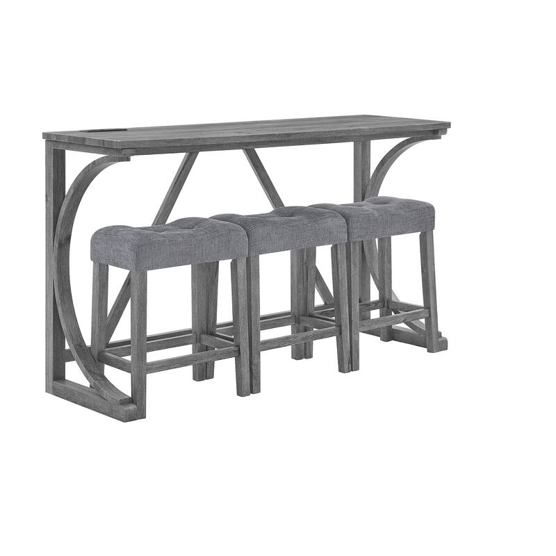 59" Bar Table Set with Power Outlet, Industrial Breakfast Table with 3 Stools, 4 Piece Counter Height Bar Table and Chair Set