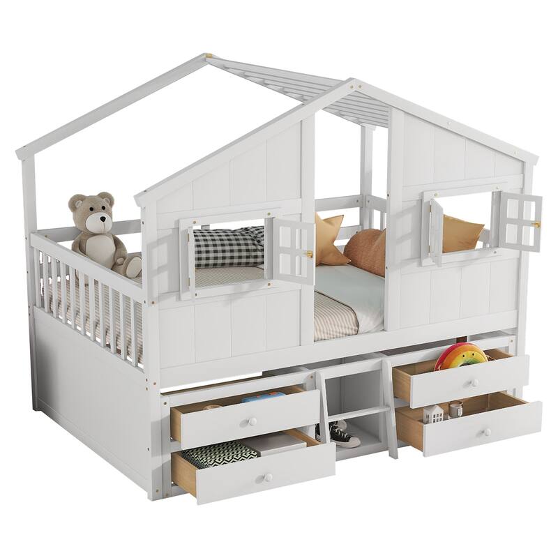 Wood Full Size House Loft Bed with Roof, Windows,4 Storage Drawers