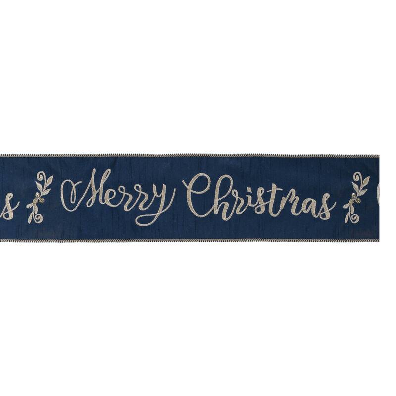 HomeRoots 4" Midnight And Gold Polyester Embroidered Merry Christmas Wired Ribbon