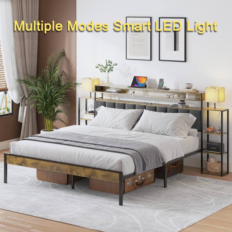 Queen King Size Platform Bed Frame with Storage, LED Lights, and Charging Station, Velvet Upholstered Headboard for Bedroom