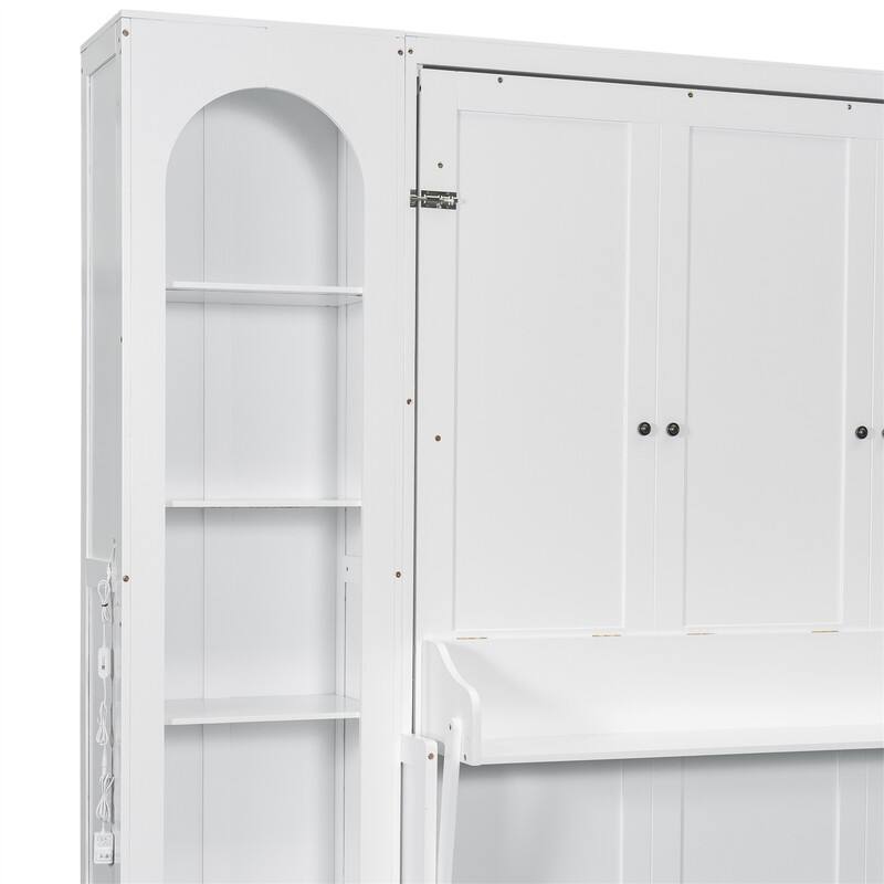 Queen Size Murphy Platform Bed with Side Cabinets, 2 Drawers and LED Light, Wooden Foldable Murphy Wall Bed with Storage Shelves