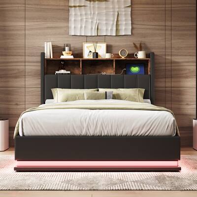 Full Size Upholstered Platform Bed with Storage Headboard and Hydraulic Storage System, with LED Lights and USB charger