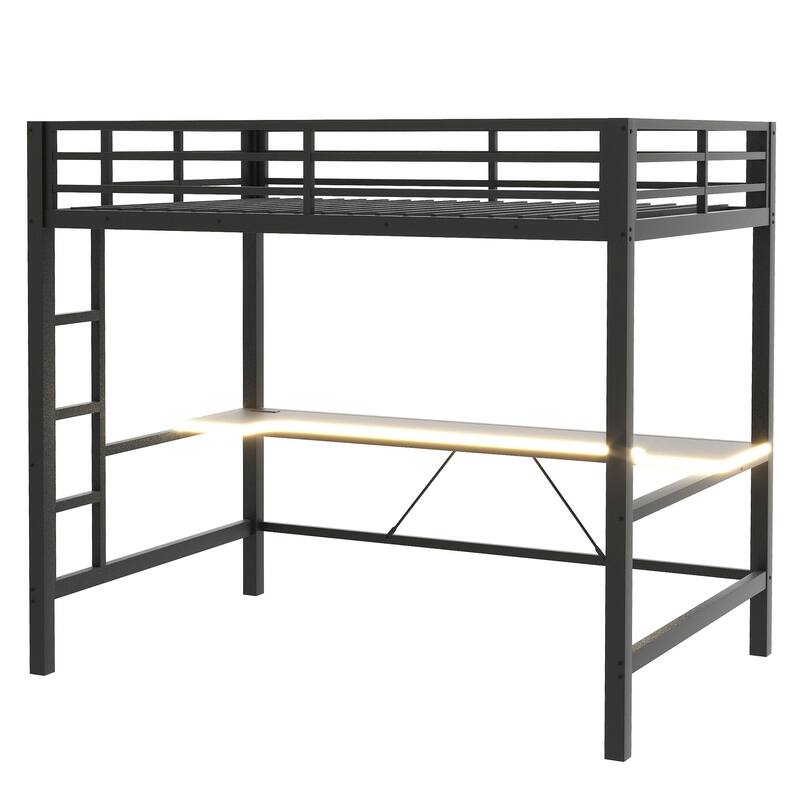 Gaming Loft Bed with RGB LED Light & USB Charge Station, Metal Loft Bed Frame w/Built-in Desk & Full-Length Guardrails