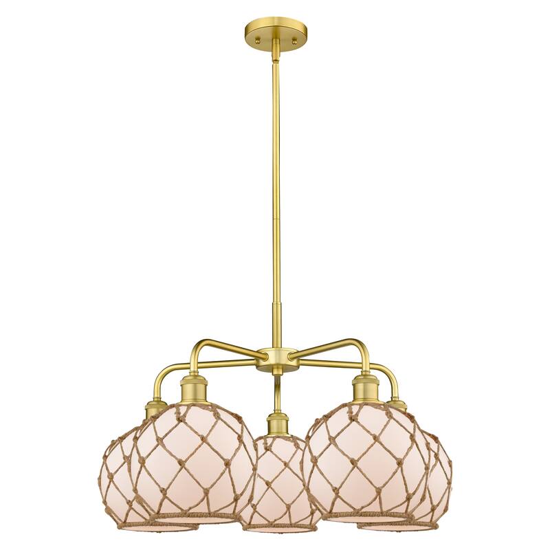 Innovations Lighting Endless Possibilities Ballston - Farmhouse Rope - 5 Light 27" Stem Hung Chandelier - White Glass with Brown Rope/Satin Gold