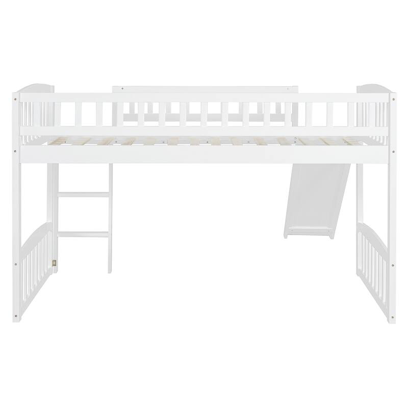 Wooden Twin Loft Bed, Twin Size Kids Play Loft Bed with Slide and Ladder, Solid Pine Low Loft Bed Frame with Safety Guardrail