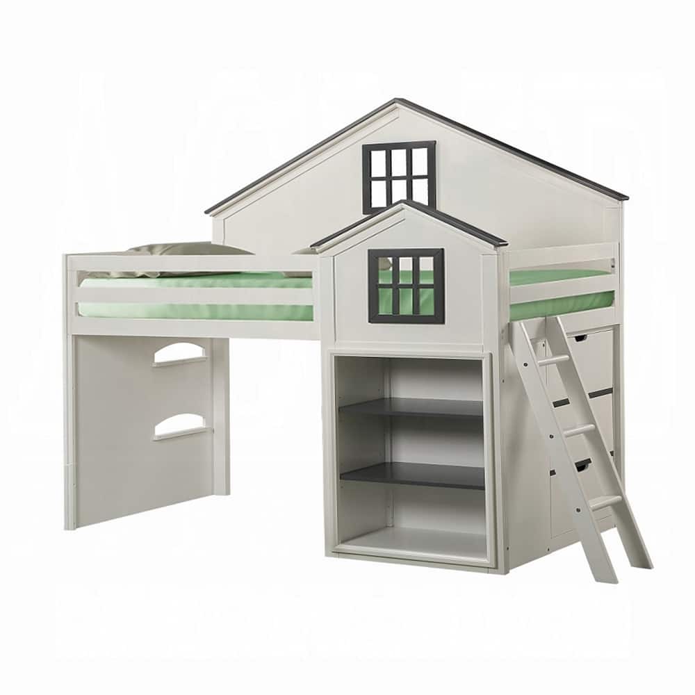 Wooden Twin Loft Bed with Storage in Gray and White