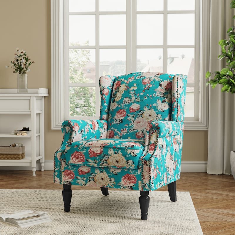 Traditional Floral Patterned Wingback Armchair with Nailhead Trim