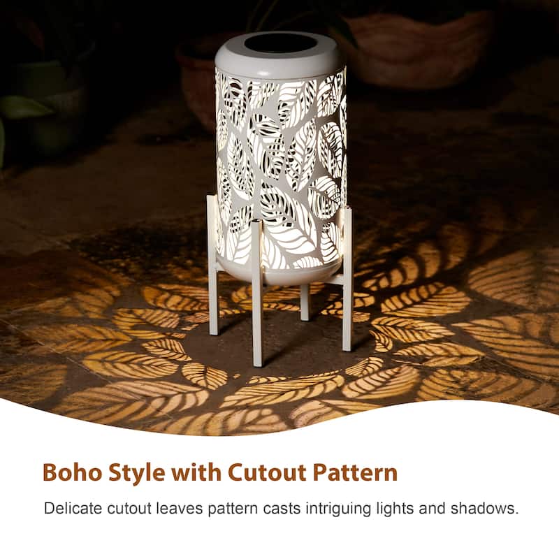 Glitzhome 14"H Outdoor Metal Cutout Flower/Leaves Solar Light Standing Lanterns Waterproof