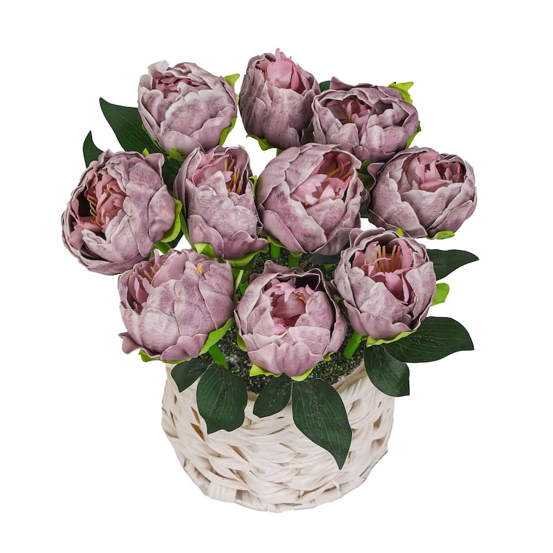 National Tree Company 10 in. Light Purple Peony Flower Bouquet in White Basket - 10 in