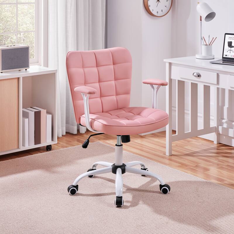Yaheetech Mid-Back PU Leather Upholstered Office Chair with Padded Arms&Rolling Wheels - Pink