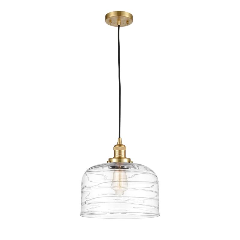Innovations Lighting Franklin Restoration Bell - 1 Light 12" Cord Hung Mini Pendant - Satin Gold/Clear Deco Swirl