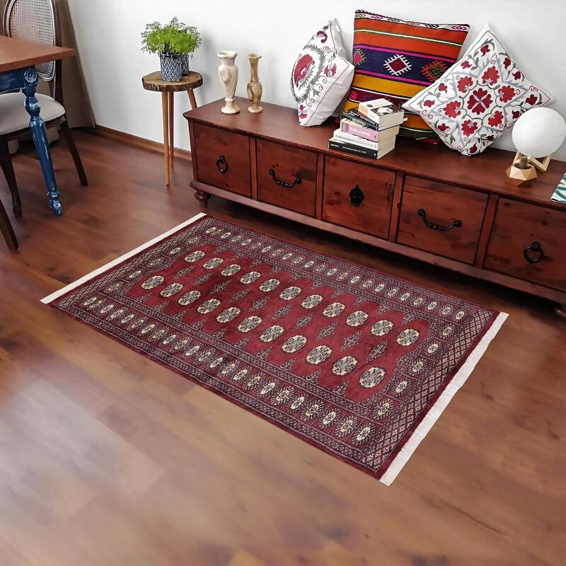 Tribal Bokhara Morris Maroon/Gray Hand Knotted Wool Rug - 3'0'' x 5'0''