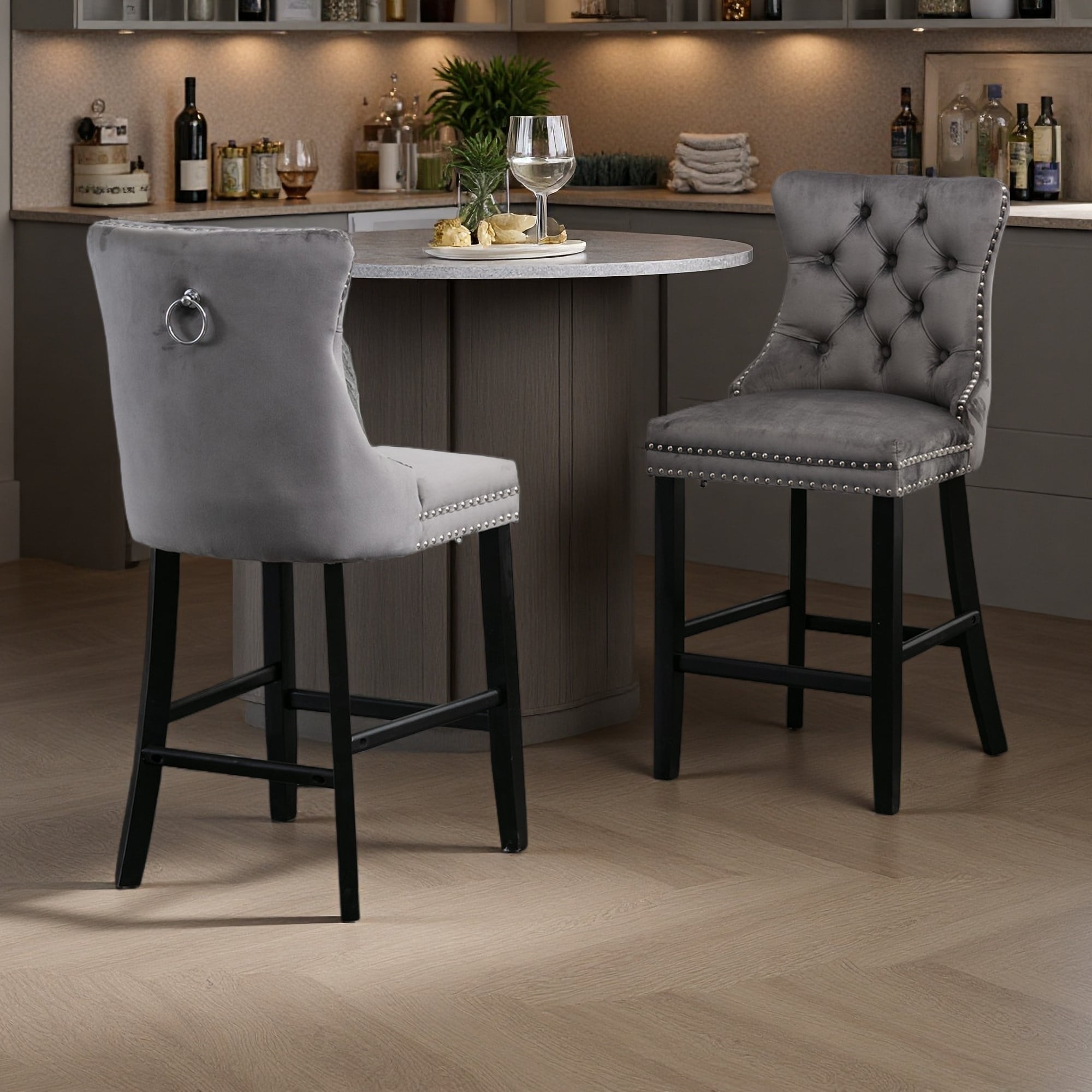 40.7"H Set of 2 Contemporary Velvet Upholstered Barstools with Button Tufted Backrest, Chrome Nailhead Trim, Solid Wood Legs