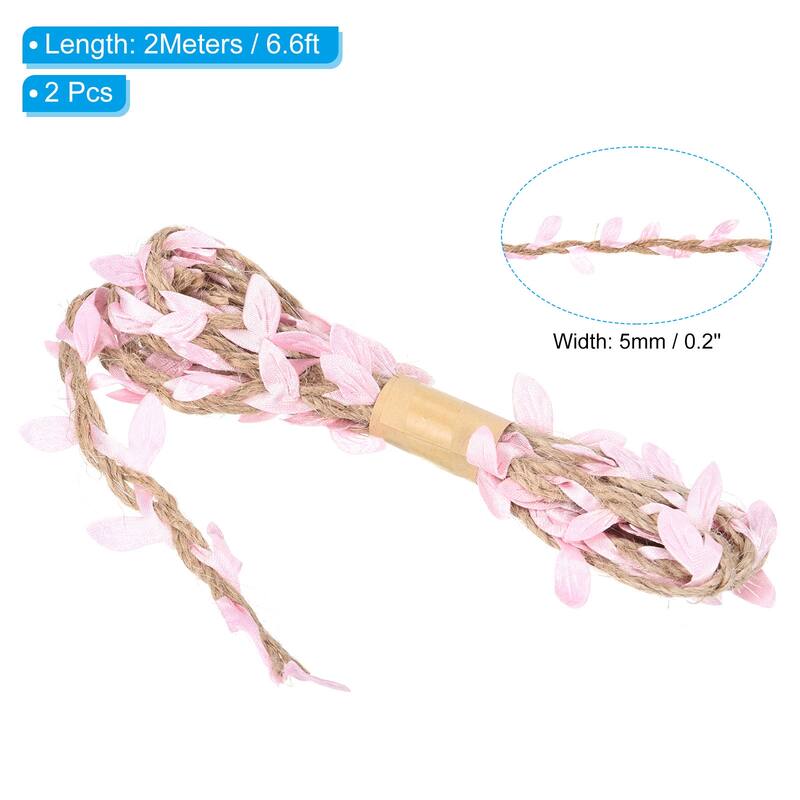 2Pcs 6.6ft 5mm Burlap Leaf Ribbon Vine Natural Jute Rope Twine - Pink