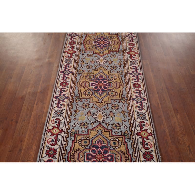 Light Blue Heriz Serapi Oriental Runner Rug Hand-Knotted Wool Carpet - 2'6"x 8'1"