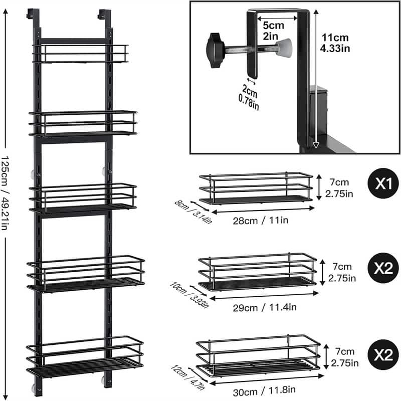 Adjustable 5Tier Over the Door Pantry Organizer12 Inches - 4.92"D x 10.24"W x 4.92"H