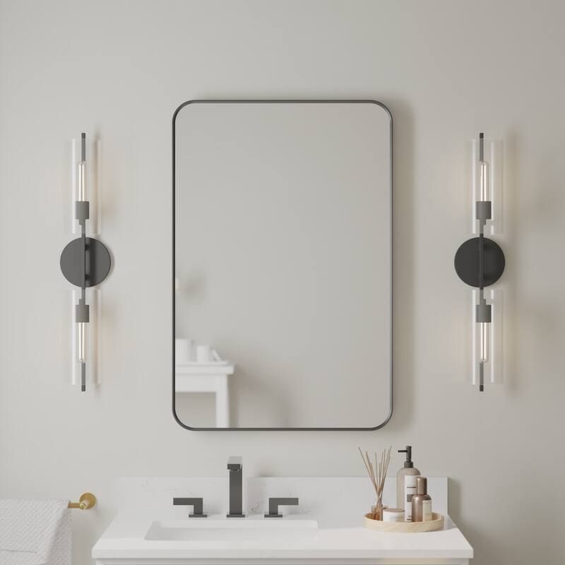 Modern Bathroom Wall Mounted Anodized Aluminum Framed Wall Vanity Mirror - 24 in.Wx 36 in.H-Rectangular - Matte Black