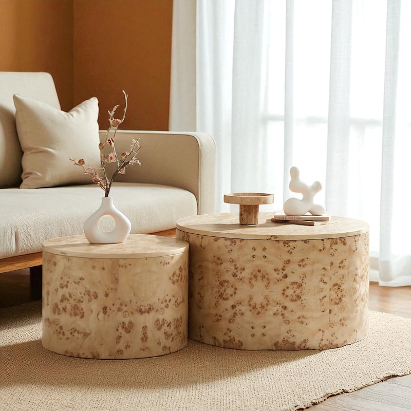 Nested Round Coffee Table Set, 2-Piece Burl Wood Veneer Storage Tables with Adjustable Feet, Modern MDF