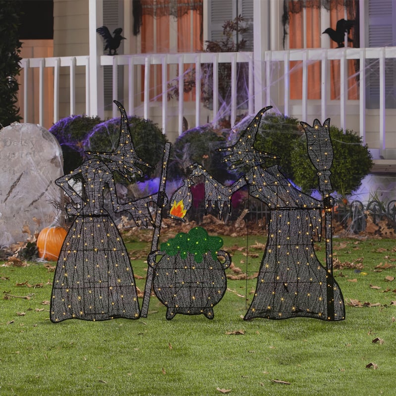 Glitzhome 5ft Set of 3 Pre-lit Halloween 3D Witches with Cauldron Outdoor Decor with 340 Warm White LED Lights