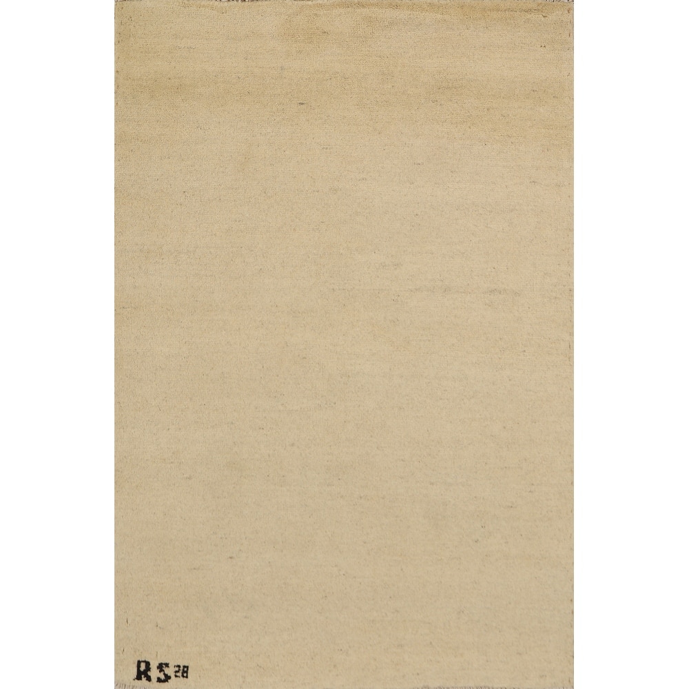 Gabbeh Modern Foyer Rug Hand-Knotted Beige Solid Wool Carpet - 2'10"x 4'0"