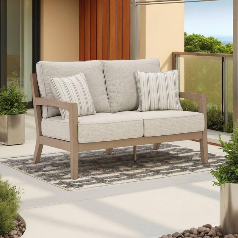 Karo Outdoor Loveseat, 53 Inch, 2 Accent Pillows, Beige Nuvella Fabric