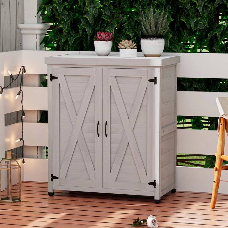 Wooden Patio Furniture with Metal-Tabletop, Potting Bench with Storage Cabinet, Outdoor Patio Storage Cabinet with Shelves - Grey