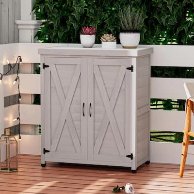 Wooden Patio Furniture with Metal-Tabletop, Potting Bench with Storage Cabinet, Outdoor Patio Storage Cabinet with Shelves