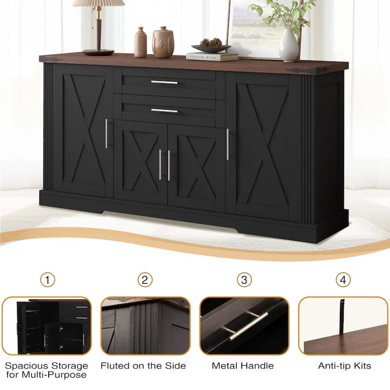 63" Farmhouse Barn Door Sideboard Buffet Cabinet with 2 Drawers & Adjustable Shelves, Large Coffee Bar Storage Console
