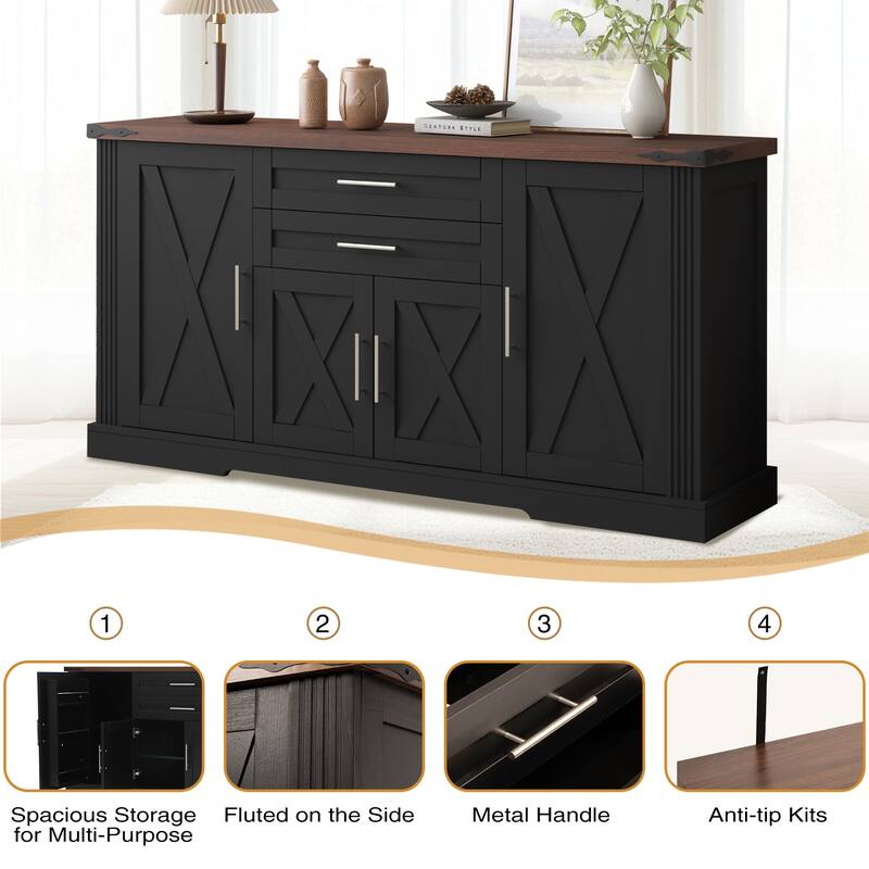 63"Barn Door Storage Cabinet with 2 Drawers & Door Rack, Large Buffet Table Coffee Bar Cabinets with Adjustable Shelves