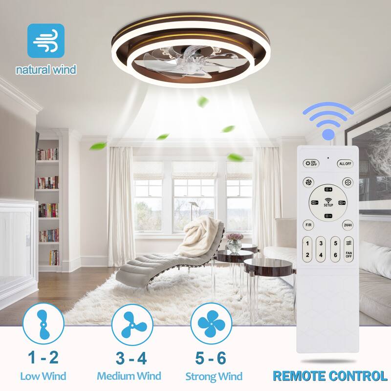 Oaks Aura 20in. LED Smart App Remote Control Low Profile Dual Tier Ceiling Fan Flush Mount Dimmable Bedroom Lighting
