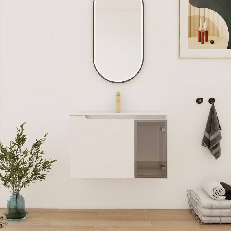 Bathroom Vanity With Sink In 24/30/36 Inch, Floating Bathroom Vanity With Soft Close Door - 30''W×18.3''D×19.7''H - Glossy White-Grey Glass