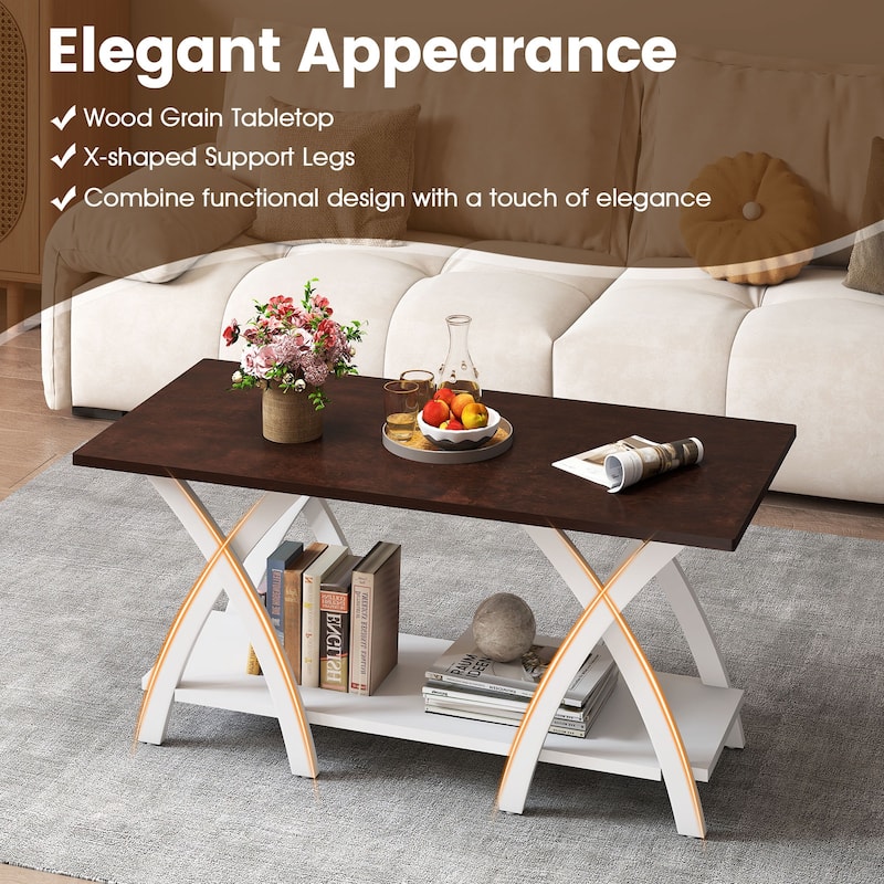 Gymax 2-Tier Coffee Table w/Storage Shelf & X-shaped Legs for Living