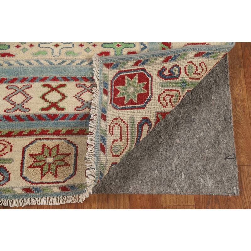 Light Blue Kazak Runner Rug Hand-Knotted Geometric Wool Carpet - 3'4" x 16'0"