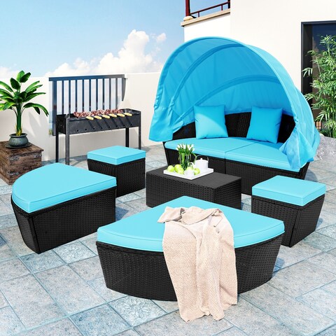 Outdoor rattan daybed sunbed with Retractable Canopy Wicker Furniture Sectional Sofa Set