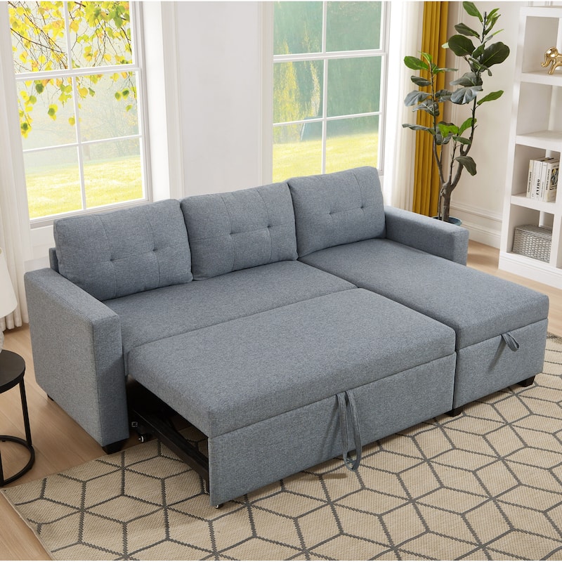GDFStudio - Ethan Modern Pull-Out Sectional Sofa with Storage Chaise and Reversible Layout - LIGHT GREY