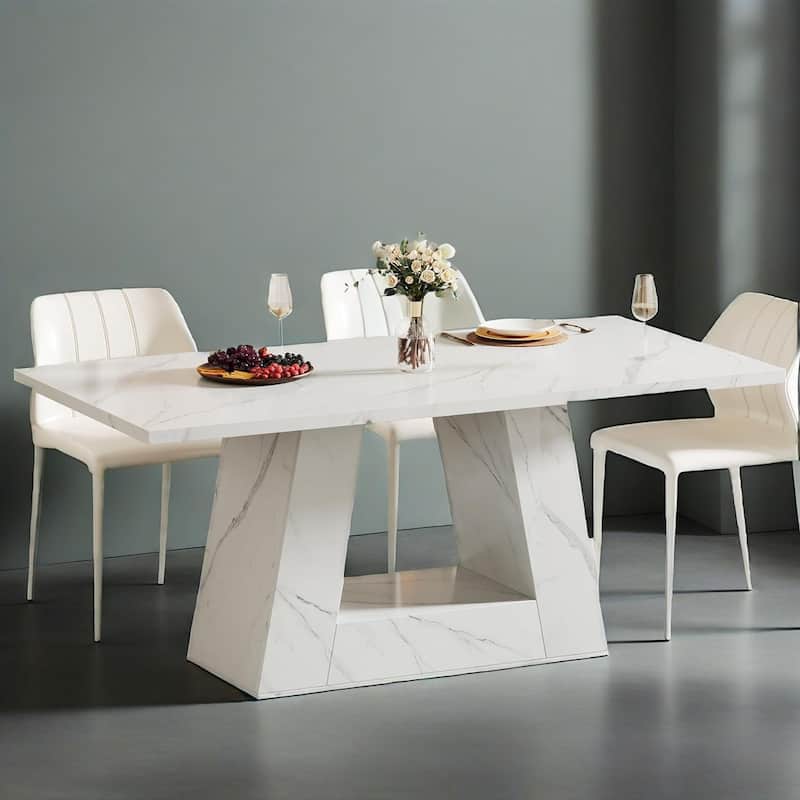 Wood Faux Marble 6 Seater Rectangular Dining Table - 62.99"W x 31.5"D x 29.5"H - White