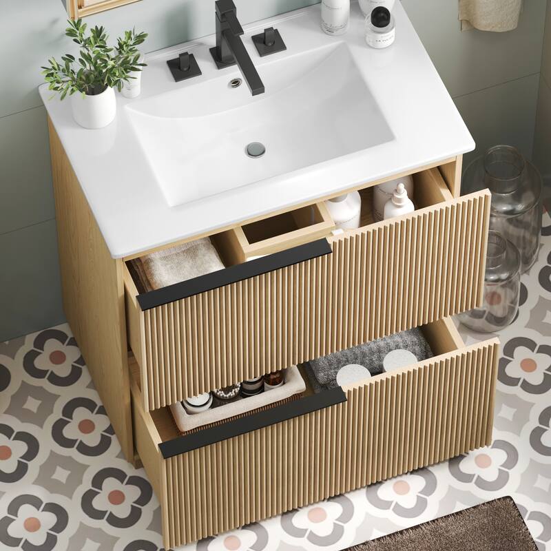 30" Bathroom Vanity with Ceramic Sink and Full-Extension Drawers, Soft Close Undermount Drawer Slides, Fluted Design, Natural