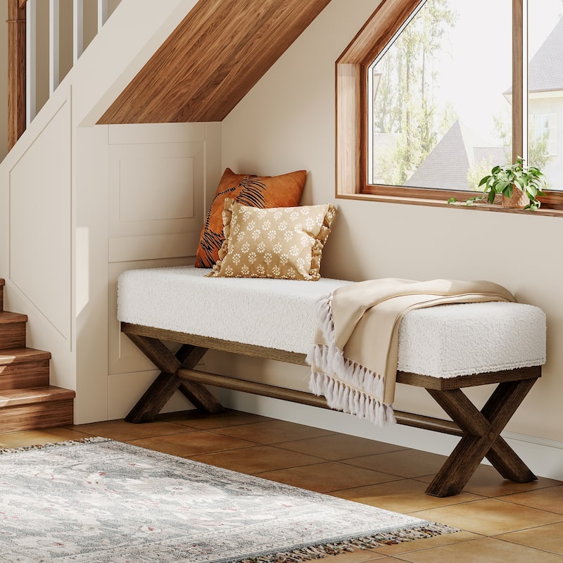 Upholstered Entryway Bench, 51.18-Inch Solid Wood End of Bed Bench