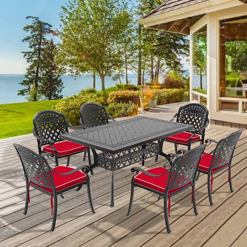 5/7-Piece Cast Aluminum Outdoor Dining Set with 59.06'' L X 35.43'' W Rectangular Table and Random Color Seat Cushions - Black( 7-Piece Sets-B)