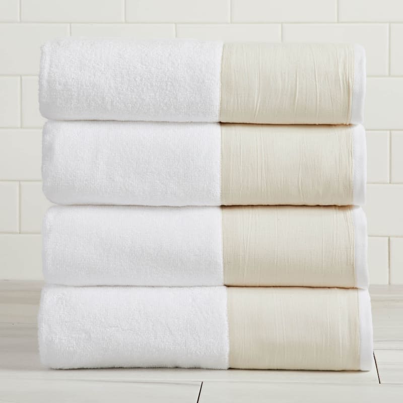 Linery & Co. Ultra-Soft Cotton and Linen Like Border Towel Set - White - Bath Towel (Pack of 4)
