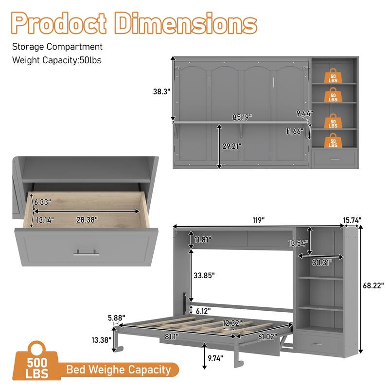 Queen Size Wall Bed with Adjustable Storage and Drawer, Multifunctional Foldable Platform Bed for Small Spaces