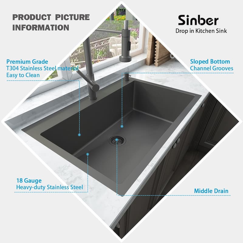 Sinber Drop in Single Bowl 304 Stainless Steel Kitchen Sink
